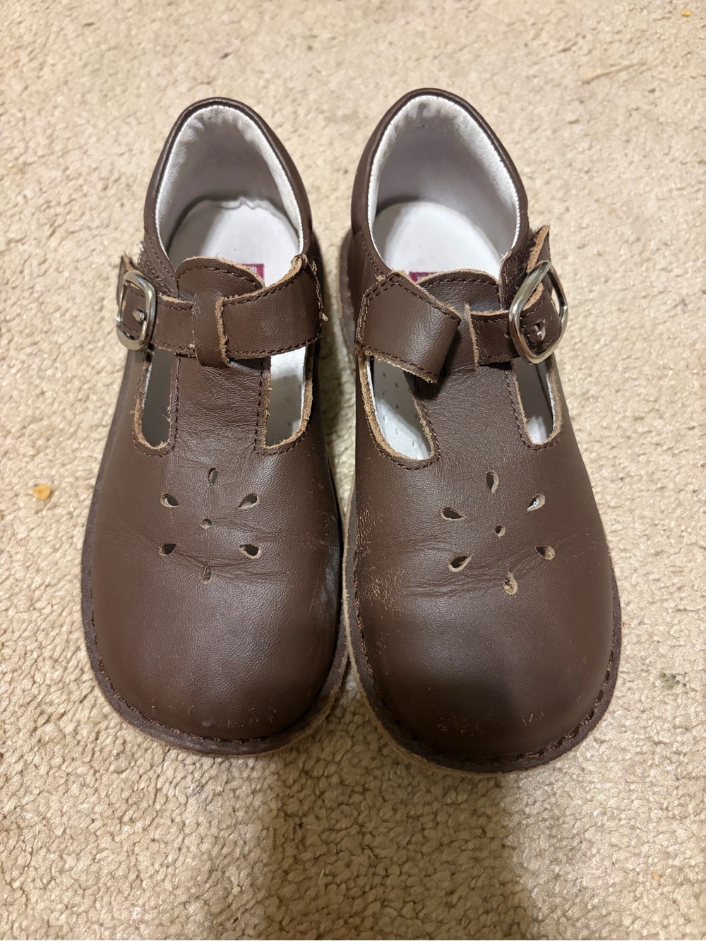 Brown Leather T-Strap Kids Dress Shoes with Buckle Closure